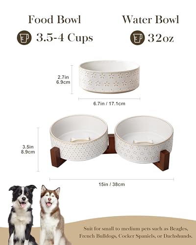 Dog Bowl Set Ceramic Bowls with Walnut Wood Stand (Five-leaf Grass+Honeycomb / 4 Cups)