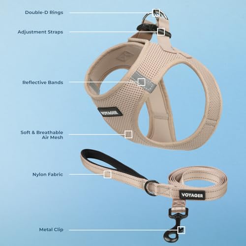 Voyager Step in Air All Weather Mesh Harness and Reflective Dog 5ft Leash Combo with Neoprene Handle (Khaki / XL (Chest: 20.5 - 23"))