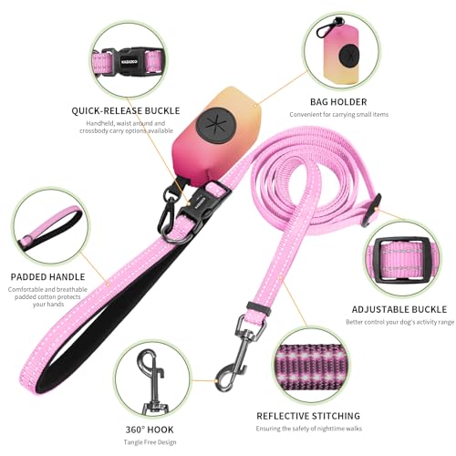 Hands Free Dog Leash with Poop Bag Holder (Pink)