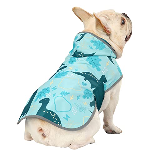 2-in-1 Reversible Dog Raincoat Hooded Poncho Rain Jacket Teal Dino M (Medium / Dinosaurs)