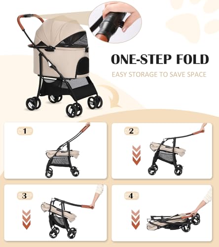 Pet Stroller for Small Dogs Cats Up to 45lbs with Detachable Canopy (Khaki)