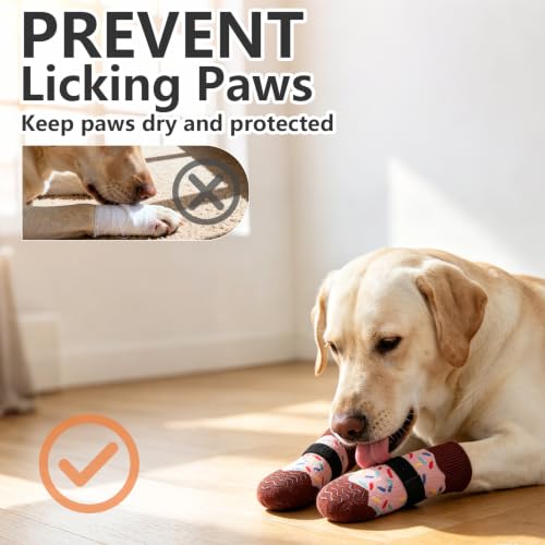 Anti Slip Dog Socks for Prevent Licking Paws & Hardwood Floor (Pink / Large(6 Pack))