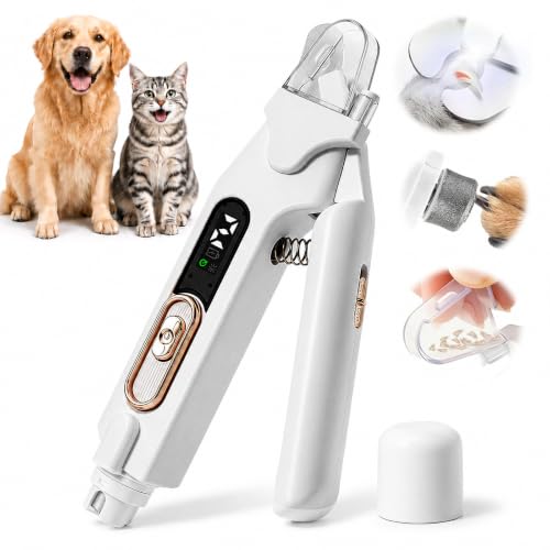 2-in-1 Dog Cat Nail Clippers & Grinder with LED Light, Pet Nail Trimmer with Splash Guard & Safety Lock, 2 Speeds USB Rechargeable Quiet Paw Nail Cutter for Large Medium Small Dogs Cats (White) (White)