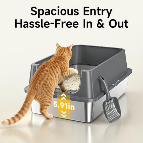 XL Open Top Stainless Steel Litter Box Large with High Sides (Dark Gray)