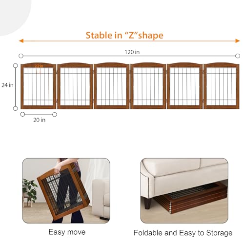 6 Panel Extra Wide Wooden Freestanding Dog Gate (24"Height-6 Panel / Oak Cherry)