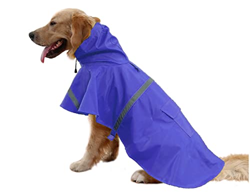 Large Dog Raincoat Adjustable Pet Waterproof Clothes Lightweight Rain Jacket Poncho Hoodies with Strip Reflective (Dark Blue / XXL)