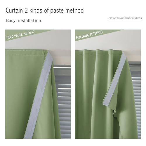 Magic Tape Blackout Curtains for Bedroom No Drillng Self Adhesive Curtains No Rod Small Window (35"W x 79"L (Pack of 1) / Sage Green)