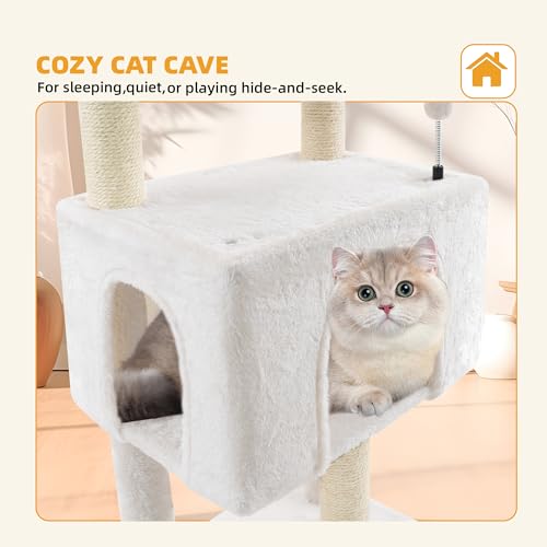 Fashion Design 43.3" Cat Trees with Cat Houses Spring Balls (Beige 1 / 43.3")