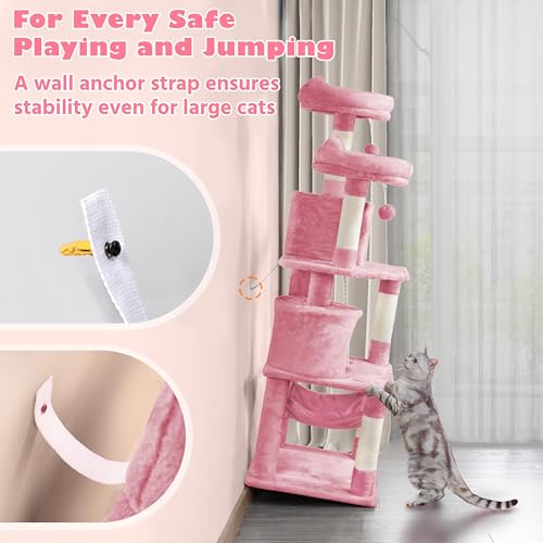 62.5inches Cat Tree Cat Tower Cat Condo with Platform & Hammock (62.5in / Pink)