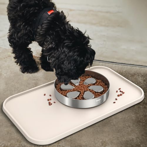 Pet Feeding Mat [Warped Resistant Raised Edge] (18.5"L x 11.5"W / Sand White)