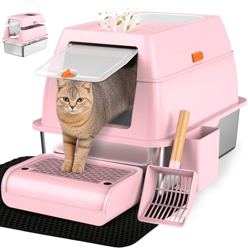 XL Stainless Steel Cat Litter Box with Lid (Pink)