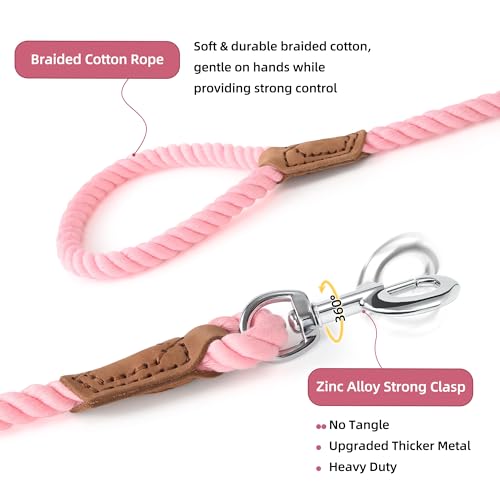 Dog Leash Braided Cotton Rope with Leather (Pink / 60 Inch-1/2")
