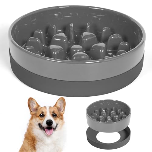 Ceramic Slow Feeder Dog Bowls with Silicone Base (Medium-8 inches / Grey)
