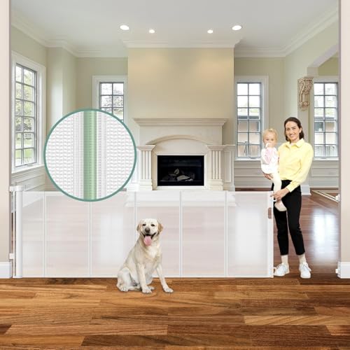 Reinforced 120 Inch Retractable Baby Gates for Doorway (White / 33" Tall x 120" Wide（ With Reinforced Bar ）)