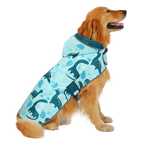 2-in-1 Reversible Dog Raincoat Hooded Poncho Rain Jacket Teal Dino XL (X-Large / Dinosaurs)