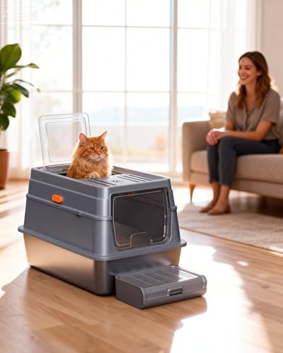 Stainless Steel Enclosed Cat Litter Box (23.6" × 15.7" x 15")
