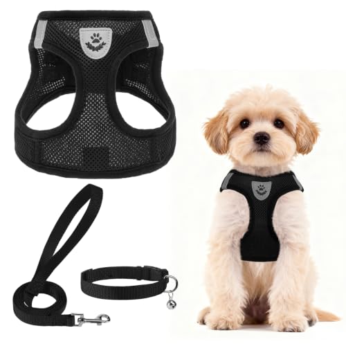 Dog Harness Collar and Leash Set No Pull for Small Medium Sized (Solid Black / M (CHEST 16"-18"))