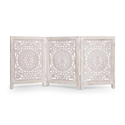 Lightnpro 3 Panel Carved Wooden Dog Gate (White Wash / 24x54 - Ember)