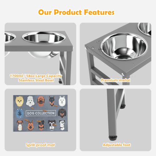10'' Metal Raised Dog Bowl Stand (Grey-L, Dog Mat / Height:10inch)