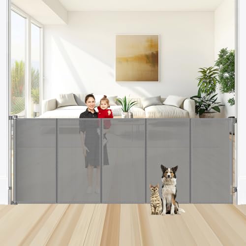 Reinforced 48" Extra Tall X 100" Extra Large Baby Gates for Wide Openings Long Dog Gate for Doorway Mesh Gates for Pets Retractable Dog Gate Indoor (Gray / Reinforced 48" Tall x 100" Wide)