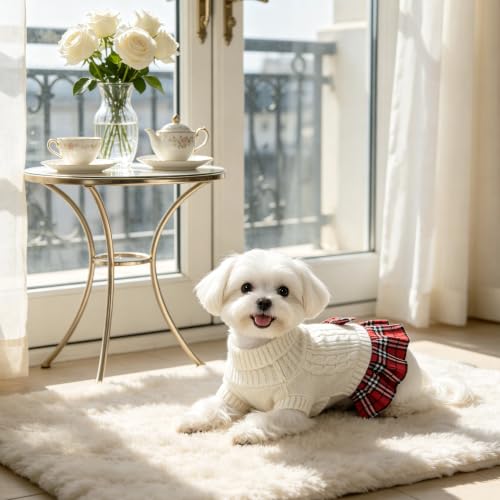 2 Pack Small Dog Sweater Dress with Bowtie Turtleneck (Large (14-21lbs) / Red+White)