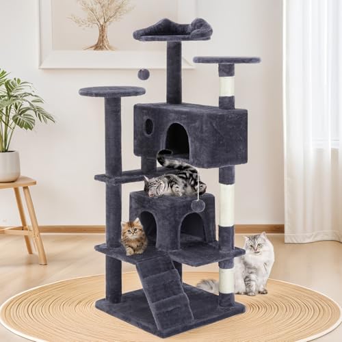 54 Inch Cat Tree Tower with Sisal Scratching Posts (Gray / 54"×19.7"×19.7")