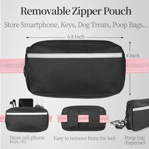 Hands Free Dog Leash with Zipper Pouch (Baby Pink / Large)