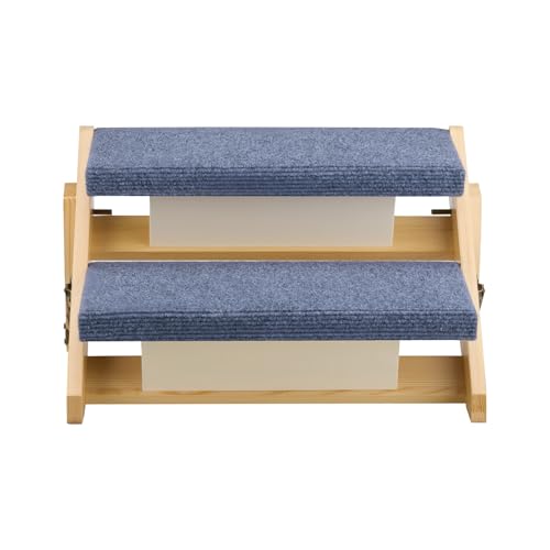 Wood Pet Stairs (Wood Color+Blue / 2-Step Foldable)