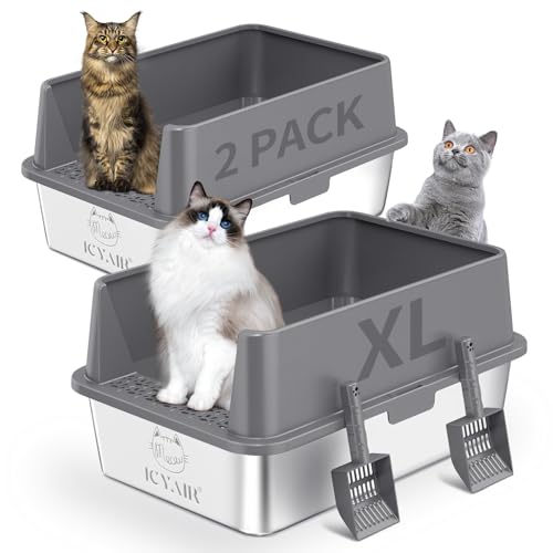 2PACK Stainless Steel Cat Litter Box with High Sides Lid (2PK-Dark Grey)