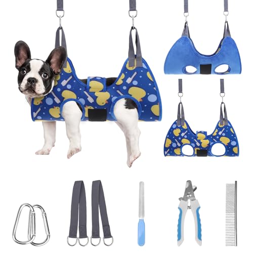 Dog Grooming Hammock Harness for Dogs & Cats with Pet Nail Clipper Trimmer (S / Navy Blue)