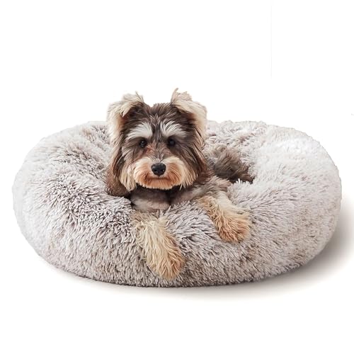 Western Home Calming Donut Cat Bed Small Dog Bed Washable (White Khaki / 20.0"l x 20.0"w x 6.0"th)