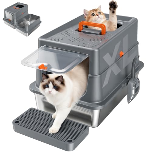 High Sided Stainless Steel XL Cat Litter Box for Cats (Dark gray)
