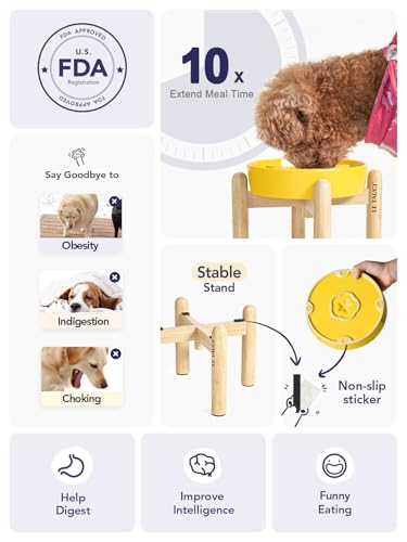 Ceramic Slow Feeder Puzzle Bowl Elevated 1.5 Cup with Wooden Stand for Small & Medium Dog (Star Yellow+Stand / M-1.5 Cups)