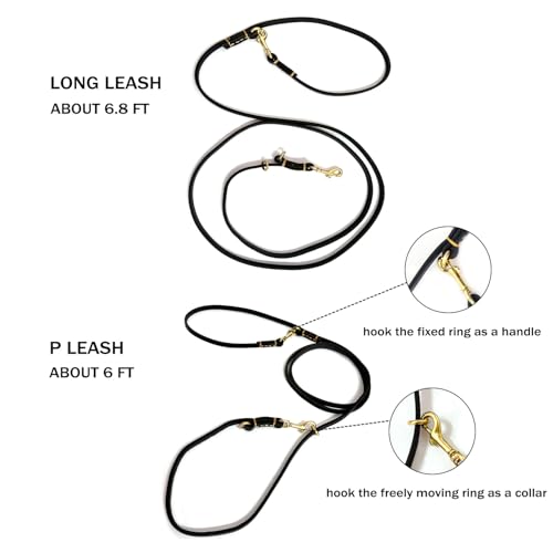 Multi Function 8ft Genuine Leather Hands Free Dog Training Leash for Puppy Small and Medium Dogs (Black / 8ft*3/8inch)