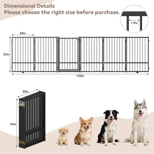 Full Metal Freestanding Dog Gate with Door (【6 Panels】120"W*32H" / Black)