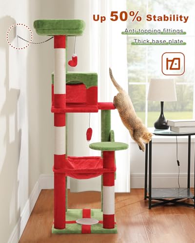 56.3" Cat Christmas Tree with Metal Hammock (Red / 56.3in)