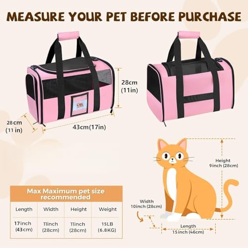 Cat Carrier Soft with Detachable Food Bowl (Pink / 17.0"L x 12.0"W x 11.0"H)