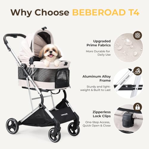 Beberoad Dog Stroller T4 PRO for Small Medium Dogs 4 Wheels (Beige & Net Wall)