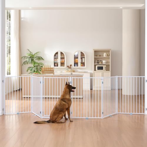 Freestanding Dog Gate with Door for Indoor & Outdoor (White / 【6 Panels with Door】156"W×36"H)