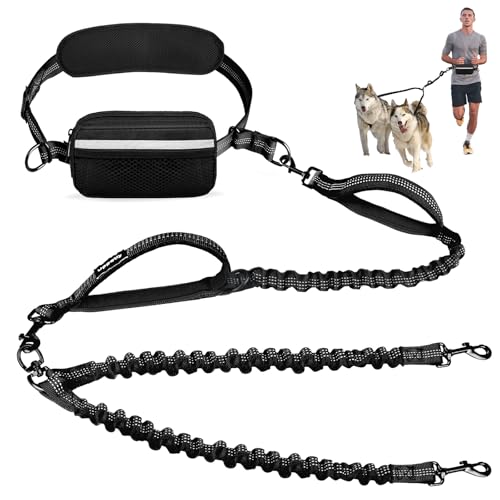 Hands Free Double Dog Leash with Pouch (Black / Medium/Large)