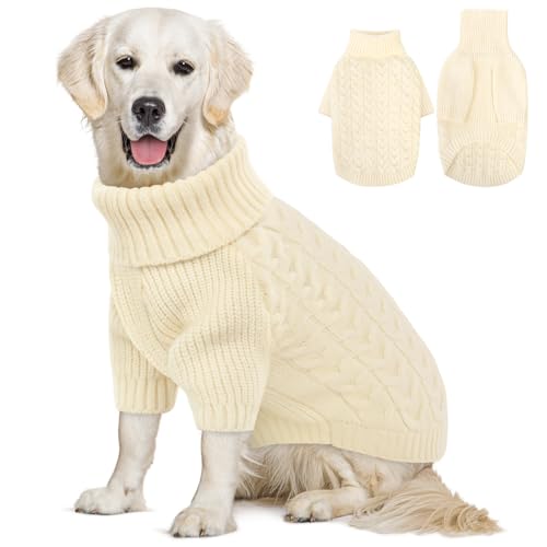 White Dog Christmas Sweater Warm Soft Cable Knit Dog Sweater (XX-Large / White)