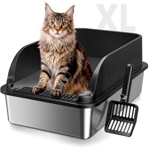 Extra Large Stainless Steel Litter Box with Lid (Black XL)