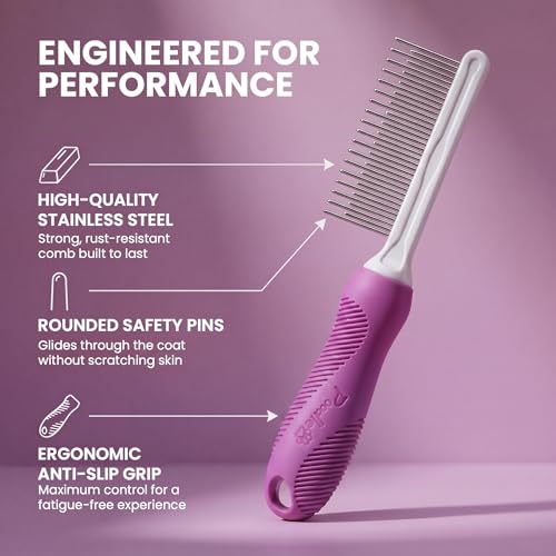 Poodle Pet Detangling Pet Comb with Long & Short Stainless Steel Teeth for Removing Matted Fur (Purple / Detangling Pet Comb)