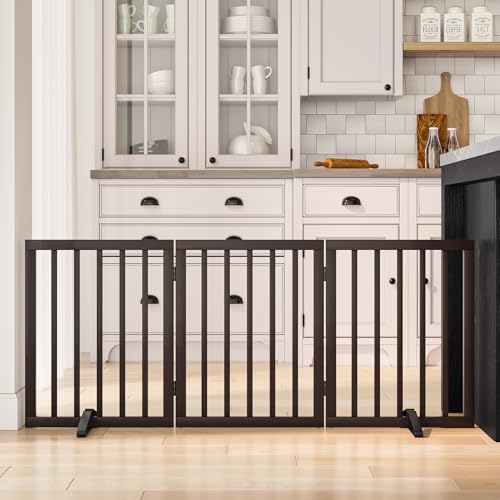 Dog Gates for Doorways Stair House Freestanding Pet Gates for Dogs Wooden Dog Gate with Support Feet Indoor Fence (Espresso / 3 Panel - 55 inches Wide)