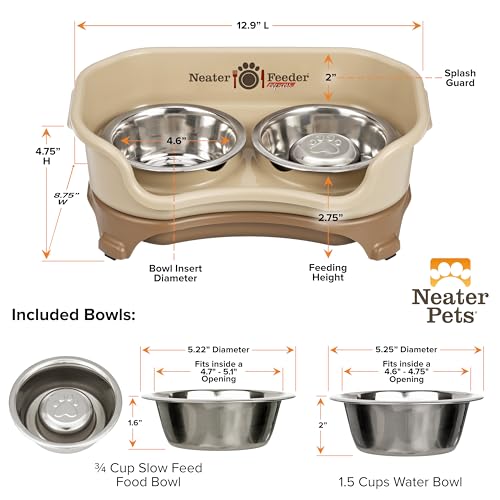 Express Mess Proof Dog Bowls Elevated for Small Breeds Under 15 Lb (Small w/ Metal Slow Feed Bowl / Cappuccino)