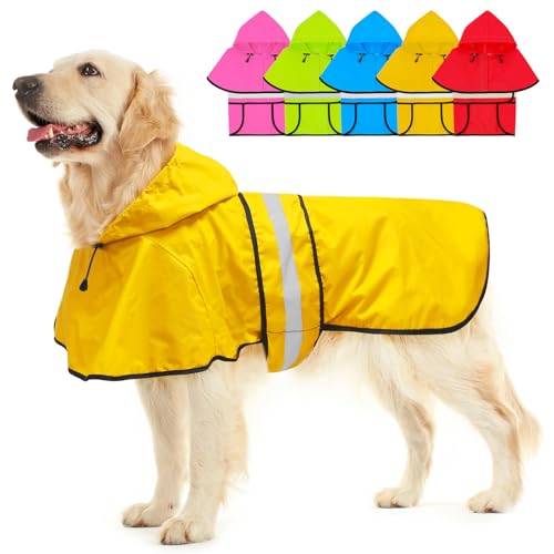 Dog Raincoat Reflective Waterproof Dog Rain Jacket with Hoodie Lightweight Rain Coat for Small Medium Large Dogs (Yellow / Large)