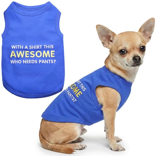 Dog T-Shirt - Embroidered “ Awesome “ Shirt - Pure Cotton and Lightweight Dog Clothes - Blue Sleeveless Pet Tee Shirts - Cute Puppy Clothes - Shirts for Small Dogs Boy - S (S)
