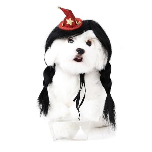 Dog Costume Long Black BraidHair with Small Red Wizard Hat Styling CuteFunny Pet Hair Accessories Decoration forHalloween (braid)