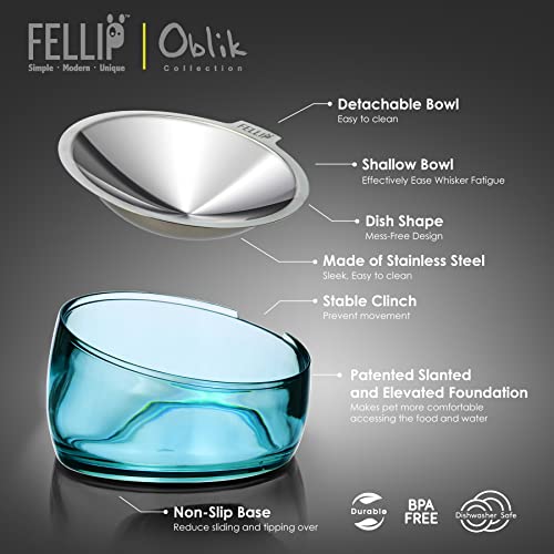 Pet Oblik Whisker Fatigue Cat Food Bowl Raised Stainless Steel Shallow Dish (Sapphire / 0.5 Cups Shallow Dish)