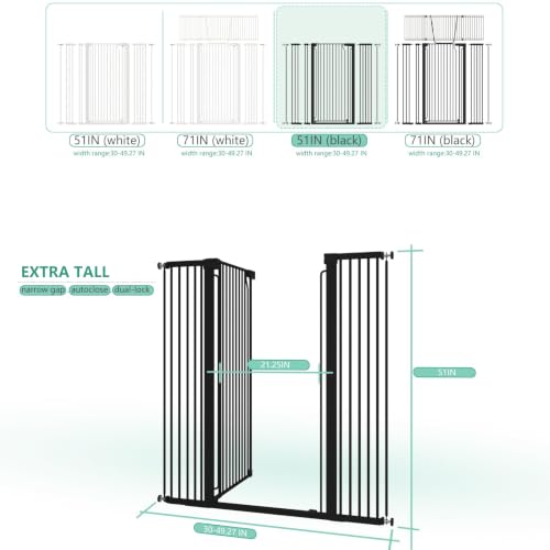 51" Extra Tall Cat Gate for Doorway Auto Close Encrypted Cat Gate 30" (Black / 51"H,30-49.27"W-Black)